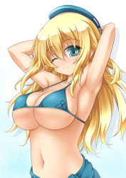 Rule 34 | 10s, 1girl, armpits, arms up, atago (kancolle), bikini, blonde hair, blush, breasts, cleavage, green eyes, hat, kantai collection, large breasts, long hair, looking at viewer, navel, one eye closed, personification, roura, skindentation, smile, solo, strap gap, swimsuit, underboob, wink