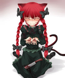 Rule 34 | 1girl, animal ears, blood, braid, cat ears, cat girl, cat tail, closed eyes, commentary, extra ears, female focus, guro, hair ribbon, kaenbyou rin, kneeling, knife, long hair, multiple tails, mutilation, pain, red hair, ribbon, self-harm, self harm, shimo (depthbomb), simple background, solo, tail, tears, touhou, twin braids, twintails