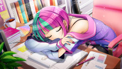 Rule 34 | 1girl, bare shoulders, black skirt, bob cut, bookshelf, chair, coffee cup, copyright notice, cup, disposable cup, dolphin wave, ear piercing, game cg, green hair, helly lewis, highres, multicolored hair, notebook, notepad, off shoulder, official art, pen, pencil skirt, piercing, pink hair, sitting, skirt, sleeping, solo, tagme, two-tone hair