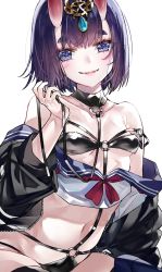 Rule 34 | 1girl, bare shoulders, bikini, black bikini, black jacket, blush, bob cut, breasts, choker, collarbone, crop top, eyeliner, fangs, fate/grand order, fate (series), headpiece, highres, horns, jacket, kou mashiro, leash, long sleeves, looking at viewer, makeup, micro bikini, navel, o-ring, off shoulder, oni, open clothes, open jacket, parted lips, purple eyes, purple hair, red neckwear, revealing clothes, sailor collar, shirt, short eyebrows, short hair, shuten douji (fate), simple background, skin-covered horns, small breasts, smile, solo, swimsuit, white background, white shirt