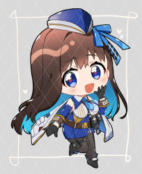Rule 34 | 1girl, :d, akaishi yashi, aqua hair, belt, black footwear, black gloves, black pantyhose, blue eyes, blue hat, blue necktie, blue ribbon, blue sleeves, blush, brown belt, brown hair, chibi, coat, collared shirt, colored inner hair, detached sleeves, garrison cap, gloves, goddess of victory: nikke, hair ribbon, hand on own cheek, hand on own face, hat, heart, highres, long hair, marian (nikke), multicolored hair, necktie, open mouth, pantyhose, pouch, red pupils, ribbon, shirt, short necktie, sleeveless, sleeveless shirt, smile, solo, standing, standing on one leg, thigh pouch, white coat