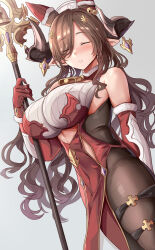 Rule 34 | 1girl, alternate costume, animal ears, bare shoulders, bell, black pantyhose, blush, breasts, brown hair, closed eyes, commentary request, galleon (granblue fantasy), gloves, granblue fantasy, grey background, highres, himuro shunsuke, horns, large breasts, neck bell, pantyhose, parted lips, pointy ears, red gloves, simple background, solo, thighs