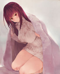 Rule 34 | 1girl, bare legs, blanket, breasts, fate/grand order, fate (series), highres, kneeling, large breasts, leaning forward, legs together, long hair, looking at viewer, red eyes, red hair, ribbed sweater, scathach (fate), simple background, smile, solo, sweater, tokopi, white sweater