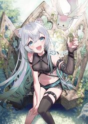 Rule 34 | 1girl, animal ears, aone ioru, arm belt, arm up, bare shoulders, belt, black shirt, black shorts, black thighhighs, breasts, chest harness, cleavage, commission, creature, crop top, detached sleeves, gradient hair, green eyes, harness, highres, indie virtual youtuber, koza game, leg belt, long sleeves, looking up, medium breasts, midriff, multicolored hair, navel, open mouth, second-party source, see-through, see-through cleavage, shirt, short shorts, shorts, single detached sleeve, single thighhigh, sitting, skeb commission, sleeveless, sleeveless shirt, smile, solo, stomach, thighhighs, virtual youtuber, white hair