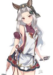 Rule 34 | 1girl, animal ears, apron, backless dress, backless outfit, bare shoulders, blue skirt, blush, breasts, candy, chocolate, chocolate bar, closed mouth, dress, erune, food, forehead, granblue fantasy, grey hair, hair intakes, hair ornament, highres, ladle, long hair, looking at viewer, nosuku, parted bangs, purple dress, red eyes, scathacha (granblue fantasy), simple background, skirt, small breasts, smile, solo, thighs, veil, white apron, white background