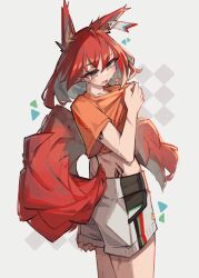 Rule 34 | 1girl, absurdres, animal ears, arknights, blush, brown eyes, collarbone, commentary, crop top, cropped shirt, flametail (arknights), highres, long hair, material growth, midriff, open mouth, orange shirt, oripathy lesion (arknights), red hair, shirt, short sleeves, shorts, simple background, solo, squirrel ears, squirrel girl, squirrel tail, sweat, tail, togekk0, white background, white shorts