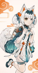 Rule 34 | 1girl, absurdres, ahoge, animal ears, backpack, bag, bob cut, china dress, chinese clothes, closed mouth, dress, green footwear, green hairband, grey dress, grey hair, grey socks, hair ornament, hairband, highres, large tail, long hair, mechanical ears, no.21: feral scent (punishing: gray raven), no.21 (punishing: gray raven), pom pom (clothes), pom pom hair ornament, punishing: gray raven, sidelocks, socks, solo, tail, thigh strap, ting zhi yue, twintails, wolf ears, wolf tail