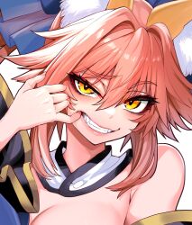 Rule 34 | 1girl, absurdres, animal ear fluff, animal ears, bare shoulders, blue bow, blue kimono, bow, breasts, clenched teeth, fang, fate/extella, fate/extra, fate (series), finger in own mouth, fox ears, fox girl, highres, japanese clothes, kimono, large breasts, pink hair, smile, solo, tamamo (fate), tamamo no mae (fate/extra), teeth, upper body, wide sleeves, wisespeak, yellow eyes