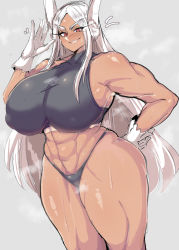 Rule 34 | 1girl, abs, animal ear fluff, animal ears, bare shoulders, boku no hero academia, breasts, collarbone, covered collarbone, covered erect nipples, curvy, dark-skinned female, dark skin, eyelashes, gloves, grey background, grin, hand on own hip, highres, huge breasts, long eyelashes, long hair, mirko, muscular, muscular female, namae ga kimaranai man, parted lips, red eyes, shiny skin, sideboob, simple background, sketch, smile, solo, steam, steaming body, teeth, thick thighs, thighs, very long hair, white gloves, white hair, wide hips