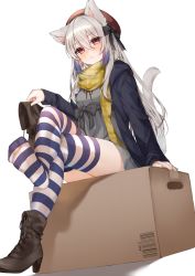 Rule 34 | 1girl, absurdres, animal ears, boots, bow, box, brown footwear, cardboard box, cat ears, cat girl, cat tail, commission, cross-laced footwear, dress, full body, grey dress, hair bow, hat, highres, holding, holding clothes, holding footwear, hood, hood down, hoodie, long hair, multicolored hair, open clothes, open hoodie, original, purple hair, red eyes, scarf, silver hair, sitting, sitting on box, skeb commission, striped clothes, striped thighhighs, tail, tamafurin, thighhighs, two-tone hair, unworn boot, unworn boots, zettai ryouiki