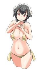 Rule 34 | 1girl, bandana, bikini, black hair, breasts, cropped legs, gold bikini, hair flaps, hair ornament, hairclip, jingei (kancolle), kantai collection, large breasts, long hair, looking at viewer, low ponytail, red eyes, side-tie bikini bottom, simple background, smile, solo, swimsuit, tamu (mad works), white background