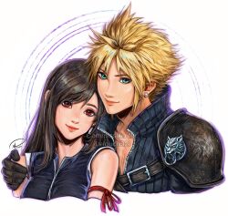 Rule 34 | 1boy, 1girl, absurdres, arm ribbon, bare shoulders, black gloves, black vest, blue eyes, closed mouth, cloud strife, commentary, commission, couple, cropped torso, earrings, english commentary, final fantasy, final fantasy vii, final fantasy vii advent children, gloves, hand on another&#039;s shoulder, head tilt, heads together, height difference, highres, jewelry, lips, long hair, looking at viewer, popped collar, red eyes, red ribbon, ribbed shirt, ribbon, shirt, short hair, signature, single earring, single shoulder pad, single sidelock, sleeveless, sleeveless shirt, smile, spiked hair, stud earrings, swept bangs, tank top, teardrop earrings, tifa lockhart, upper body, vest, watermark, white tank top, xriviia, zipper