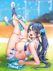 Rule 34 | 1girl, :d, arm support, bare arms, bare shoulders, blue eyes, blue hair, blue socks, blurry, blurry background, blush, breasts, cheerleader, clothes lift, commentary request, from behind, full body, hair ornament, highres, large breasts, legs up, long hair, looking at viewer, looking back, miniskirt, nipples, open mouth, original, outdoors, panties, panty pull, pom pom (cheerleading), pyon-kichi, shirt lift, skirt, smile, socks, solo, sweat, thighs, twintails, underwear, white footwear, white panties, white skirt