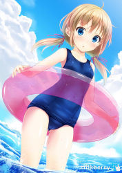 Rule 34 | 1girl, :o, artist name, blonde hair, blue eyes, blue one-piece swimsuit, blush, cameltoe, circle name, cowboy shot, hair ribbon, innertube, kisaragi miyu, looking at viewer, low twintails, old school swimsuit, one-piece swimsuit, original, ribbon, school swimsuit, shiny clothes, solo, swim ring, swimsuit, twintails, wading, water, wet