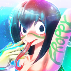 Rule 34 | 1girl, arm up, asui tsuyu, black eyes, black hair, blue background, blush, boku no hero academia, breasts, closed mouth, collarbone, face paint, gloves, gradient background, green background, hakkasame, long hair, long tongue, looking at viewer, matching hair/eyes, nose blush, small breasts, solo, tongue, tongue out, white gloves