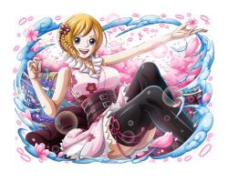 Rule 34 | bare shoulders, black thighhighs, blue eyes, cherry blossoms, hair ornament, japanese clothes, koala (one piece), medium hair, official art, one piece, one piece treasure cruise, open mouth, orange hair, teeth, thighhighs, upper teeth only