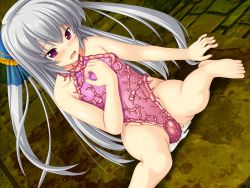 Rule 34 | 1girl, arm support, asaga aoi, bare shoulders, barefoot, biosuit, blush, cerot watolna, collarbone, cum, cum pool, female focus, game cg, hair ornament, knight &amp; princess, living clothes, long hair, open mouth, purple eyes, pussy eating monster, sitting, solo, sweat, tears, white hair, yukari (studio)