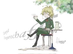 Rule 34 | 1girl, black footwear, blonde hair, boots, chair, character name, closed eyes, cup, highres, holding, holding cup, hosogoe yuuji, medal, messy hair, military uniform, pitcher (container), signature, sitting, solo, steam, table, tanya degurechaff, tree, uniform, youjo senki