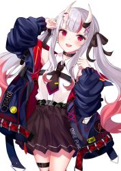 Rule 34 | 1girl, :d, black jacket, black necktie, black ribbon, black skirt, collared shirt, commentary request, hair ribbon, highres, hololive, horns, ibuki sho, jacket, long hair, looking at viewer, multicolored hair, nakiri ayame, nakiri ayame (streetwear), necktie, oni, open mouth, oversized clothes, pleated skirt, red eyes, red hair, ribbon, shirt, silver hair, simple background, skin-covered horns, skirt, smile, solo, streaked hair, thigh strap, twintails, very long hair, virtual youtuber, white background, white shirt