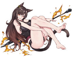 Rule 34 | 1girl, absurdres, animal ear piercing, animal ears, arknights, ass, bare arms, bare shoulders, barefoot, black one-piece swimsuit, brothercoral, brown hair, brown tail, cat ears, cat girl, cat tail, commentary request, commission, feet, fire, full body, highres, knees up, long hair, looking at viewer, one-piece swimsuit, open mouth, orange eyes, skeb commission, skyfire (arknights), smile, soles, solo, swimsuit, tail, toes, wet, white background