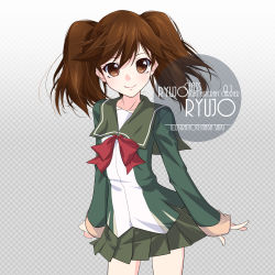 Rule 34 | 1girl, artist name, blush, brown eyes, brown hair, character name, checkered background, collarbone, commentary request, cosplay, cowboy shot, green jacket, green sailor collar, green skirt, hair between eyes, inaba shiki, jacket, kantai collection, long sleeves, looking at viewer, neck ribbon, pleated skirt, red ribbon, ribbon, ryuujou (kancolle), sailor collar, school uniform, serafuku, shimushu (kancolle), shimushu (kancolle) (cosplay), simple background, skirt, smile, solo, twintails