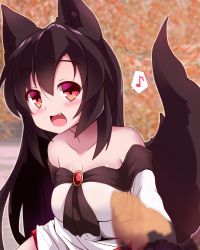 Rule 34 | 1girl, :d, animal ears, autumn, blurry, blurry background, blush, breasts, brooch, brown hair, dress, eighth note, fang, food, imaizumi kagerou, jewelry, long hair, medium breasts, musical note, open mouth, red eyes, religious offering, roasted sweet potato, sivamaron, smile, solo, spoken musical note, sweet potato, touhou, transparent, upper body, wolf ears, roasted sweet potato