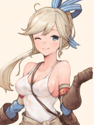 Rule 34 | 1girl, ;), ahoge, arm strap, bad id, bad pixiv id, bag, bare shoulders, between breasts, blue eyes, blue ribbon, blush, breasts, brown eyes, brown gloves, cleavage, clenched hand, closed mouth, collarbone, commentary request, cucouroux (granblue fantasy), elbow gloves, gloves, granblue fantasy, grey background, hair ribbon, hand up, highres, koretsuki azuma, looking at viewer, medium breasts, one eye closed, ponytail, ribbon, shoulder bag, sidelocks, simple background, smile, solo, strap between breasts, striped ribbon, swept bangs, tank top, upper body