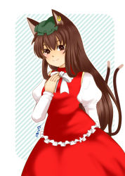 Rule 34 | 1girl, aged up, alternate hair length, alternate hairstyle, animal ears, bad id, bad pixiv id, bow, brown eyes, brown hair, cat ears, chen, dress, earrings, green hat, gurashimeji, hand on own chest, hat, jewelry, long hair, long sleeves, looking at viewer, multiple tails, puffy sleeves, red dress, smile, striped, striped background, tail, touhou, two tails, vest