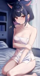 Rule 34 | 1girl, animal ear fluff, animal ears, bare arms, bare legs, bare shoulders, bed, black hair, blue archive, blush, breasts, cat ears, collarbone, colored inner hair, commentary request, covering crotch, covering privates, crossed bangs, full body, halo, highres, indoors, kazusa (blue archive), looking at viewer, medium breasts, multicolored hair, naked towel, on bed, pink hair, pink halo, red eyes, ryouta (ryouta335), short hair, sitting, solo, thighs, towel, wariza