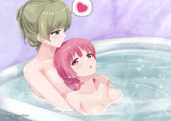 2girls absurdres aqua_eyes asumi-chan_wa_rezu_fuuzoku_ni_kyoumi_ga_arimasu! bathtub blush breasts closed_mouth commentary_request green_hair hand_on_another&#039;s_shoulder highres koe-paint kusumoto_asumi large_breasts medium_breasts multiple_girls open_mouth partially_submerged pink_eyes pink_hair same-sex_bathing sayaka_(asumi-chan_wa_rezu_fuuzoku_ni_kyoumi_ga_arimasu!) shared_bathing short_hair smile twitter_username wet yuri