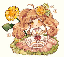 Rule 34 | 1girl, blush, bow, brown hair, commentary, dandelion, flower, grass, green bow, hair bow, hair flower, hair ornament, hands on lap, mokarooru, open mouth, original, oversized object, painting (medium), pleated skirt, red bow, sailor collar, skirt, solo, traditional media, twintails, watercolor (medium), wavy hair, yellow eyes