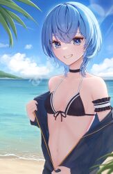 Rule 34 | 1girl, absurdres, arm garter, bare shoulders, beach, bikini, black bikini, black choker, blue eyes, blue hair, blue jacket, blue sky, breasts, choker, cloud, collarbone, commentary request, day, grin, highres, hololive, hoshimachi suisei, jacket, kamota (kamotadm), lens flare, looking at viewer, navel, ocean, open clothes, open jacket, outdoors, revision, short hair, sky, small breasts, smile, solo, star (symbol), star in eye, stomach, swimsuit, symbol in eye, teeth, unzipping, upper body, virtual youtuber