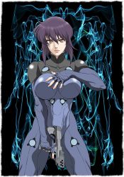 Rule 34 | 1girl, black hair, blue eyes, bodysuit, breasts, covered navel, cyberpunk, fingerless gloves, ghost in the shell, gloves, gun, handgun, highres, kusanagi motoko, large breasts, lips, looking at viewer, nose, pistol, short hair, solo, standing, thick thighs, thighs, weapon, wide hips