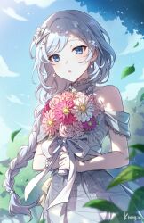 Rule 34 | 1girl, :o, absurdres, blue eyes, blue sky, blurry, blurry foreground, bouquet, bracelet, braid, braided ponytail, commentary, cowboy shot, dress, earrings, flower, highres, holding, holding bouquet, jewelry, kheng (k heng1223), leaf, long hair, looking at viewer, off-shoulder dress, off shoulder, outdoors, pearl bracelet, pearl earrings, pink flower, pink rose, project sekai, rose, signature, sky, solo, tree, wedding dress, white flower, white hair, yoisaki kanade