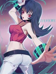 Rule 34 | 1girl, ass, bare arms, bare shoulders, blue hair, breasts, camisole, collarbone, creatures (company), crop top, dark blue hair, flipped hair, game freak, highres, midriff, nakiyu, nintendo, pants, pink camisole, pokemon, pokemon hgss, red eyes, ribbed camisole, sabrina (pokemon), spaghetti strap, white pants