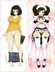 Rule 34 | 1girl, bad id, bad twitter id, black hair, breasts, cleavage, commentary, dakimakura (medium), dual persona, english commentary, garter belt, garter straps, gluteal fold, heart, heart hands, highres, kawakami sadayo, large breasts, looking at viewer, lying, maid, maid headdress, messy hair, multiple views, on back, open mouth, panties, persona, persona 5, revision, shirt, short hair, skirt, skirt around one leg, slugbox, smile, striped clothes, striped shirt, thighhighs, twintails, underwear, white panties, white thighhighs, wrist cuffs