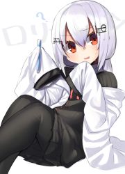 Rule 34 | 1girl, ?, black cardigan, black pantyhose, blush, cardigan, feet out of frame, hair between eyes, hair ornament, hakase fuyuki, hakase fuyuki (1st costume), hands up, highres, holding, lab coat, long hair, long sleeves, moti yousei, nijisanji, open clothes, open mouth, pantyhose, red eyes, silver hair, simple background, sleeves past fingers, sleeves past wrists, solo, sweat, vial, virtual youtuber, white background