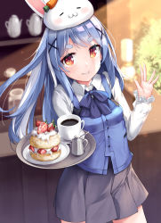 Rule 34 | 1girl, alternate costume, black skirt, blue bow, blue bowtie, blue hair, blue vest, blurry, blurry background, blush, bow, bowtie, breasts, carrot, coffee, coffee mug, collared shirt, commentary request, cowboy shot, cream, creature on head, cup, depth of field, don-chan (usada pekora), food, fruit, gochuumon wa usagi desu ka?, hair ornament, hands up, highres, holding, holding tray, hololive, indoors, long hair, long sleeves, looking at viewer, medium breasts, miniskirt, mogmog, mug, multicolored hair, parted lips, plate, pleated skirt, rabbit house uniform, red eyes, saucer, shirt, short eyebrows, skirt, smile, solo, standing, strawberry, streaked hair, thick eyebrows, tray, usada pekora, vest, virtual youtuber, white hair, white shirt, x hair ornament