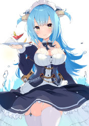 Rule 34 | 1girl, absurdres, azur lane, bare shoulders, black skirt, black sleeves, blue hair, blush, breasts, cleavage, closed mouth, cocktail glass, commentary request, cup, detached sleeves, drinking glass, frilled skirt, frills, garter straps, hand up, highres, holding, holding tray, horns, juliet sleeves, large breasts, long sleeves, looking at viewer, neptune (azur lane), ochinsama, puffy sleeves, see-through, shirt, simple background, skirt, smile, solo, thighhighs, tray, two side up, water, white background, white shirt, white thighhighs, yellow eyes