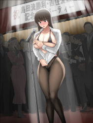 Rule 34 | 3girls, 6+boys, bikini, bikini top only, black eyes, black legwear, blush, breasts, brown hair, cleavage, cocktail glass, collared shirt, commentary request, commission, crowd, cup, drinking glass, embarrassed, girls und panzer, guhanshounen, holding, holding tray, jewelry, long hair, long sleeves, looking down, micro bikini, microphone, microphone stand, multiple boys, multiple girls, nishizumi shiho, open clothes, open shirt, pantyhose, ring, server, shirt, skeb commission, spotlight, standing, sweat, swimsuit, tray, white shirt