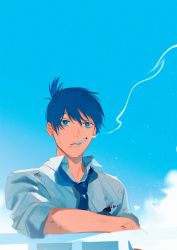 Rule 34 | 1boy, blank stare, blue background, blue eyes, blue hair, blue necktie, blue sky, blue theme, chainsaw man, cigarette, cloud, collared shirt, day, dirty, earrings, hayakawa aki, highres, jewelry, looking at viewer, necktie, ohisama33ohayo3, railing, shirt, simple background, sky, sleeves rolled up, smoke, smoking, solo, topknot, white shirt