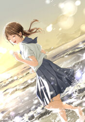 Rule 34 | 1girl, barefoot, blue sailor collar, blue skirt, brown hair, clear sky, closed eyes, commentary request, day, dutch angle, facing back, facing viewer, feet up, foot out of frame, furrowed brow, grey sky, highres, light blush, long hair, low twintails, mountainous horizon, ocean, original, sailor collar, sailor shirt, school uniform, serafuku, shirt, short sleeves, sidelocks, signature, skirt, sky, smile, solo, soragane (banisinngurei), summer, teeth, twintails, upper teeth only, wading, walking, waves, white shirt, yellow sky