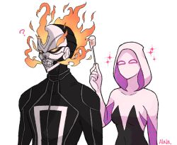 Rule 34 | 1boy, 1girl, ?, animification, bodysuit, breasts, commentary, crossover, fire, food, ghost rider, gwen stacy, hood, hood up, hooded bodysuit, jacket, leather, leather jacket, marshmallow, marvel, medium breasts, silk, skull, spider-gwen, spider-man (series), spider web, spider web print, superhero costume, sushi pizza rrr, symbol-only commentary
