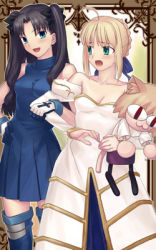 Rule 34 | 2girls, archetype earth, arcueid brunestud, arcueid brunestud (cosplay), artoria pendragon (all), artoria pendragon (fate), bare shoulders, black hair, blonde hair, blue eyes, breasts, character doll, ciel (cosplay), ciel (tsukihime), cleavage, cosplay, dress, fate/stay night, fate (series), green eyes, lowres, medium breasts, melty blood, multiple girls, neco-arc, saber (fate), strapless, strapless dress, stuffed animal, stuffed toy, thighhighs, tohsaka rin, tsukihime, twintails, two side up, zettai ryouiki