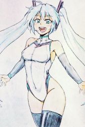 Rule 34 | 1girl, aqua eyes, aqua hair, black thighhighs, breasts, commentary request, competition swimsuit, covered navel, cowboy shot, d-m (dii emu), eyelashes, hatsune miku, headset, long hair, long sleeves, looking at viewer, one-piece swimsuit, small breasts, swimsuit, thighhighs, traditional media, twintails, very long hair, vocaloid, white one-piece swimsuit