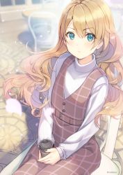 Rule 34 | 1girl, :c, ameshizuku natsuki, belt, belt buckle, black nails, blonde hair, blue eyes, blush, buckle, buttons, chair, closed mouth, cobblestone, cowboy shot, cup, day, dot nose, earrings, floating hair, hair between eyes, holding, holding cup, jewelry, long hair, long sleeves, looking at viewer, nail polish, original, outdoors, parted bangs, petals, sitting, sleeve cuffs, solo, sweater, table, turtleneck, turtleneck sweater, twitter username, white sweater