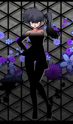 Rule 34 | 1girl, arm at side, black hair, breasts, darkness, floral background, flower, full body, grey eyes, hair ribbon, hand on own hip, high side ponytail, highres, implied nudity, kunou kodachi, large breasts, lattice, long hair, looking past viewer, purple flower, purple ribbon, ranma 1/2, ribbon, shadow, signature, smile, smirk, standing, thigh gap, wanta (futoshi)
