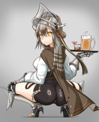 Rule 34 | 1girl, alcohol, arknights, armored boots, ass, astor.cn, beer, beer mug, belt, black shorts, blush, boots, breasts, bright pupils, brown cape, brown hair, cape, closed mouth, cup, fartooth (arknights), feather hair, from behind, full body, gauntlets, gradient background, grey background, high-waist shorts, high heel boots, high heels, highres, holding, holding tray, knee boots, long hair, long sleeves, looking at viewer, looking back, medium breasts, mug, shirt, shorts, solo, spread legs, squatting, tray, very long hair, visor (armor), white shirt, yellow eyes