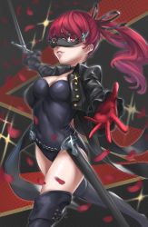 Rule 34 | 1girl, black footwear, boots, breasts, choker, cleavage, covered navel, cropped jacket, gloves, highres, holding, holding sword, holding weapon, jacket, leotard, long hair, looking at viewer, mask, medium breasts, mikazukiblue, open clothes, open jacket, outstretched arms, parted lips, persona, persona 5, persona 5 the royal, petals, ponytail, red gloves, red hair, scabbard, sheath, solo, spread arms, standing, sword, thigh boots, thighhighs, weapon, yoshizawa kasumi