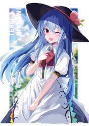 Rule 34 | 1girl, ;d, absurdres, black headwear, blue hair, blurry, blurry background, bow, bowtie, center frills, character name, collarbone, food, frills, fruit, highres, hinanawi tenshi, leaf, long hair, looking at viewer, one eye closed, open mouth, outdoors, peach, red bow, red bowtie, red eyes, short sleeves, smile, solo, standing, tetsurou (fe+), touhou